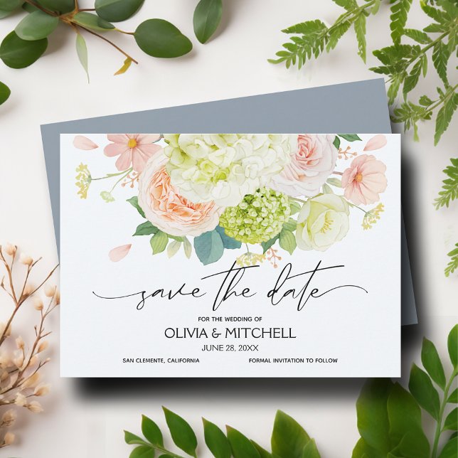 Vattenfärgsfärgade Blommigtar Dusty Blue Bröllop Spara Datumet (Watercolor Florals Dusty Blue Wedding Save The Date Cards)