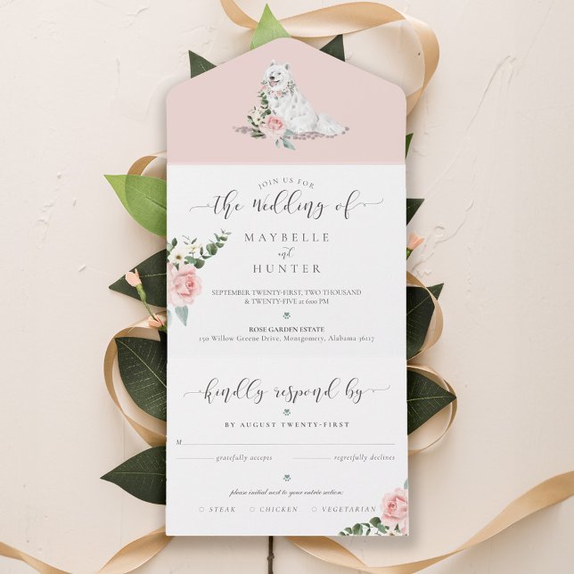 Vattenfärgsfärgade Samoyed Hund & Blommigt Rosa ro (All-In-One Invitation )