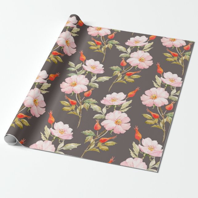 Vattenfärgsfärgat blommönster i hund och rött berg presentpapper (Utrullad)