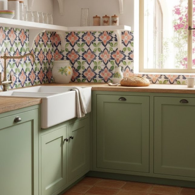 Vattenfärgsfärgat Blommönster Navy Coral Grönt Kakelplatta (Skapare uppladdad)