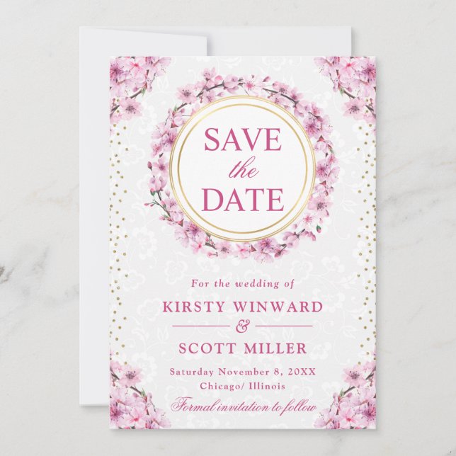 Vattenfärgsfärgen Cherry Blommars Wandeans Bröllop Spara Datumet (Framsida)