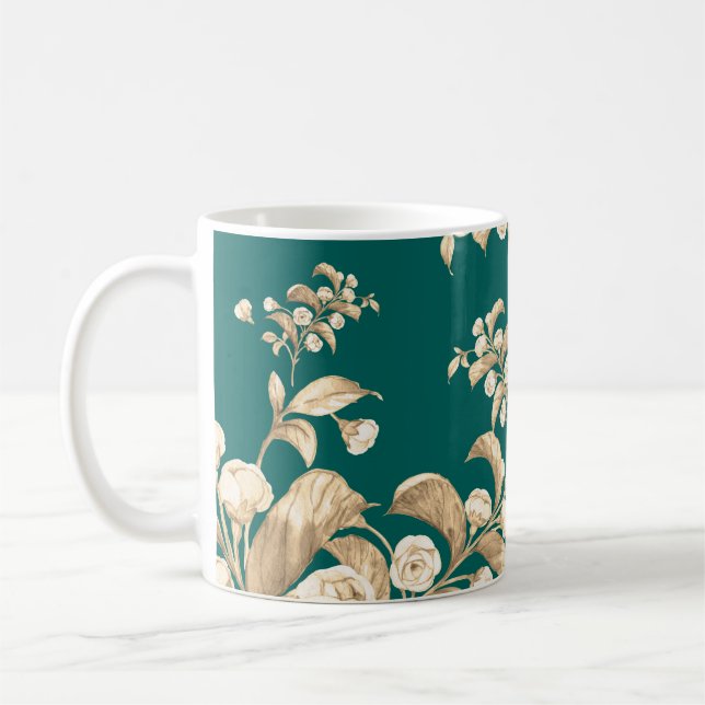 Vattenfärgsfärgen mönster i blommar grenar. kaffemugg (Vänster)