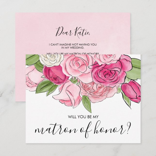 Vattenfärgsfärgen Rosa ros ska vara min matron med Inbjudningar (Fram/baksida)