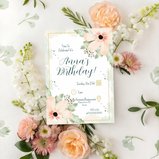  vattenfärgsfärger Blommigtar födelsedag Inbjudningar (Skapare uppladdad)