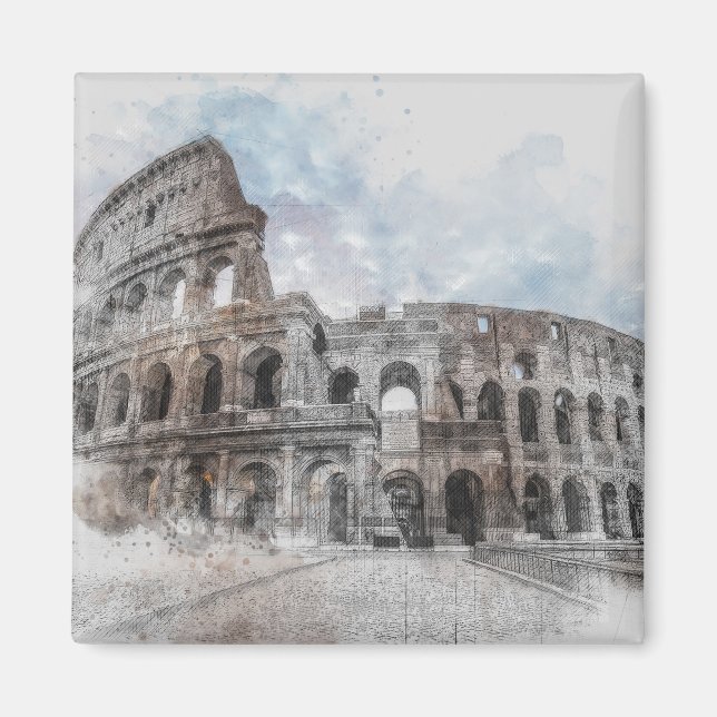 Vattenfärgsfärgkolosseum Magnet - Rom Italien Vint (Framsidan)