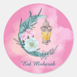 Vattenfärgsfärgkrescent Eid Mubarak Rosa Sticker Runt Klistermärke