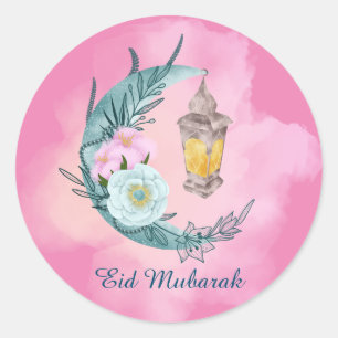 Vattenfärgsfärgkrescent Eid Mubarak Rosa Sticker Runt Klistermärke