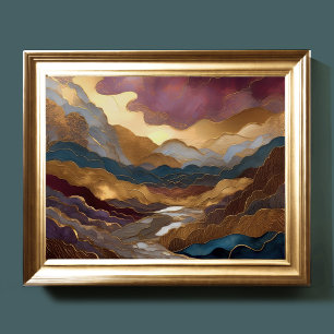 Vattenfärgsfärgning Abstrakt Måla Guld Lila Blue I Poster