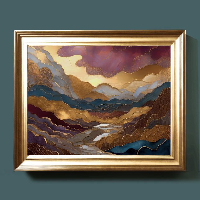 Vattenfärgsfärgning Abstrakt Måla Guld Lila Blue I Poster (Skapare uppladdad)