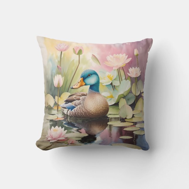 Vattenfärgsfärgning Anka på en damm Kudde (Framsida)