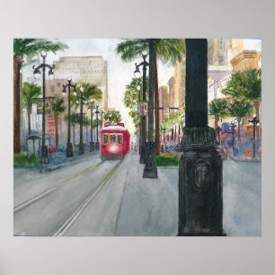 Vattenfärgsfärgning av Trolley i New Orleans Poster