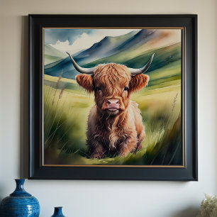 Vattenfärgsfärgning Baby Highland Cow Sitta 1:1 Poster