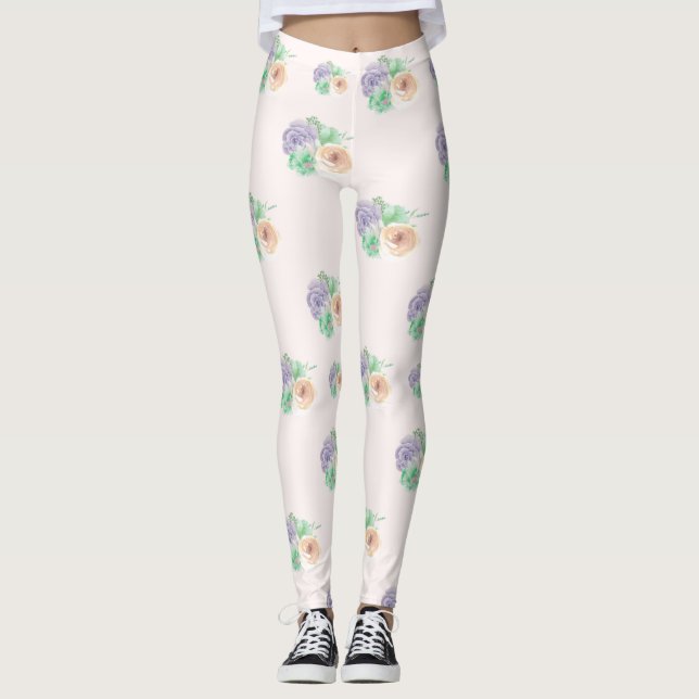 Vattenfärgsfärgning Blommigt Rosa Lila Leggings (Framsida)