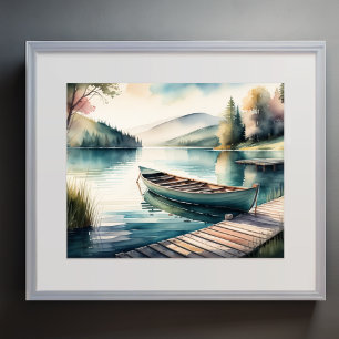 Vattenfärgsfärgning Canoe Sjö Dock Mountain 5:4 Poster