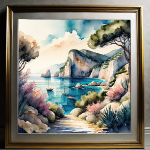 Vattenfärgsfärgning i Medelhavet Kusten i liggande Poster