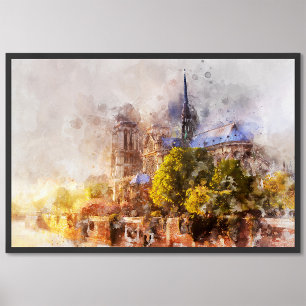Vattenfärgsfärgning Ingen tre Dame Cathedral Sunri Fototryck