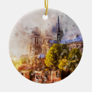 Vattenfärgsfärgning Ingen tre Dame Cathedral Sunri Julgransprydnad Keramik