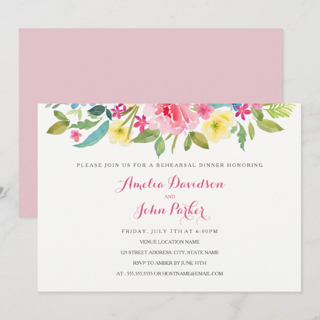 Vattenfärgsfärgning Rosa Blommigt Bröllop Rehearsa Inbjudningar (Fram/baksida)