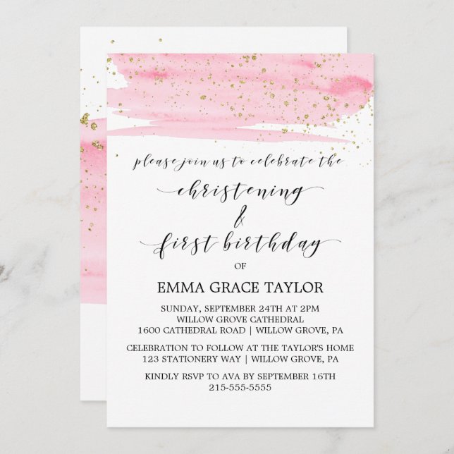 Vattenfärgsfärgning Rosa & Guld Christing & 1:a fö Inbjudningar (Fram/baksida)