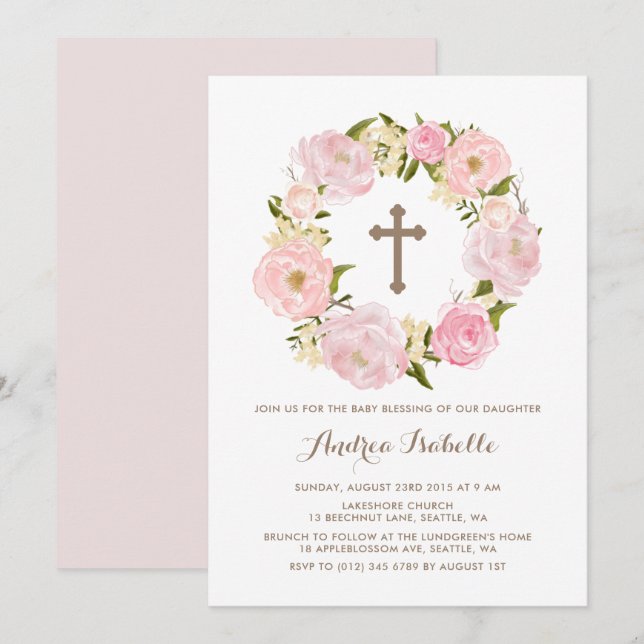 Vattenfärgsfärgning  Rosa Peony Wandeans Baby Blan Inbjudningar (Fram/baksida)