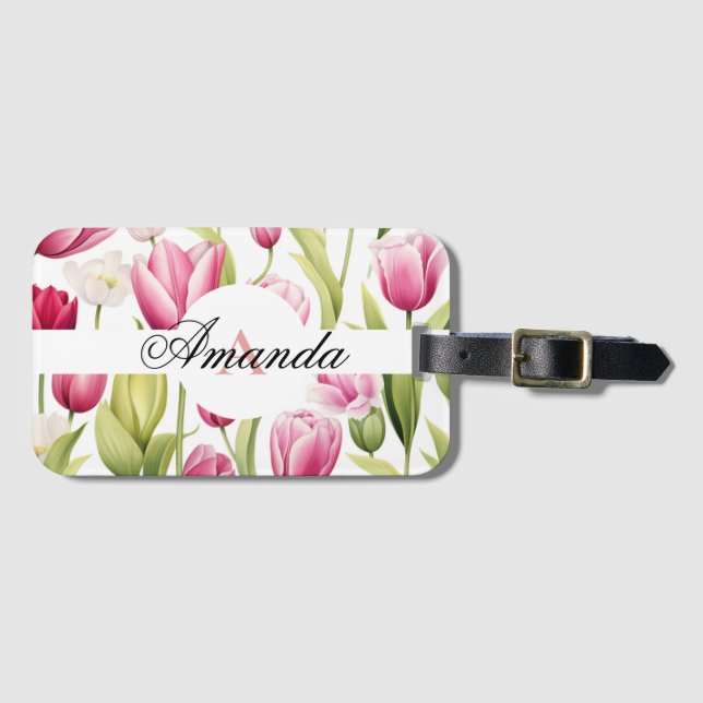 Vattenfärgsfärgning Rosa & vit monogram Tulip Möns Bagagebricka (Framsida horisontal)