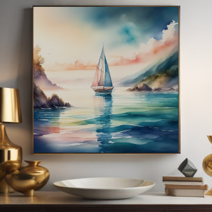 Vattenfärgsfärgning Segelbåt på Vatten 1:1 Poster