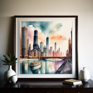 Vattenfärgsfärgning Urban City River Scene 1:1 Poster
