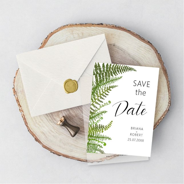 Vattenfärgsfärgsfärgsfärgens grönt fern löv inbjudan vykort (Skapare uppladdad)