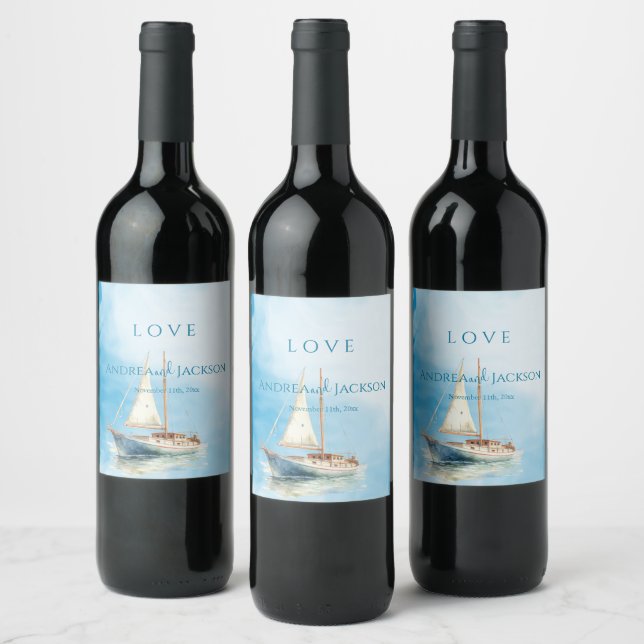 Vattenfärgsfartyg Bröllop Vinflaska Etikett (Flaskor)