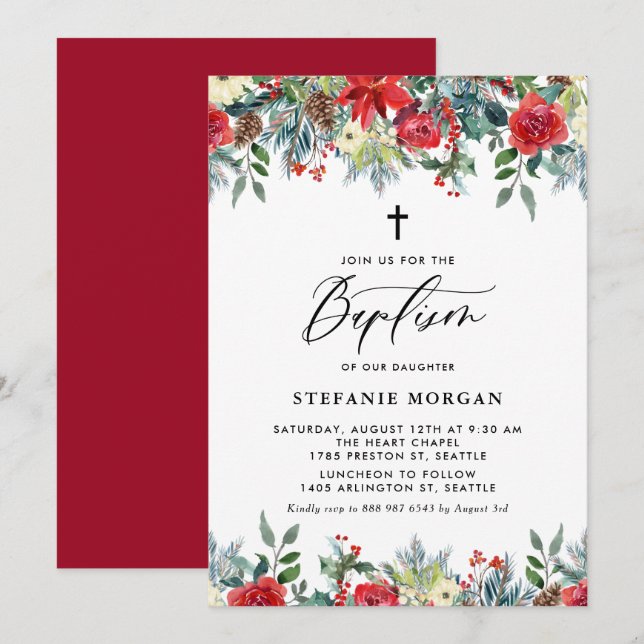 VattenfärgsFestive Blommigt Garland Winter Baptism Inbjudningar (Fram/baksida)