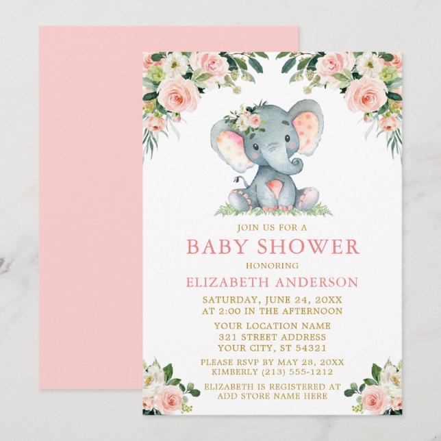 Vattenfärgsfilter Rosa Blommigt Guld Baby Shower E Inbjudningar (Fram/baksida)