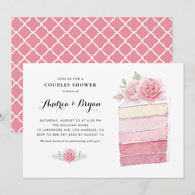Vattenfärgsfilter Rosa Ombre Cake Slice Par Shower Inbjudningar (Fram/baksida)