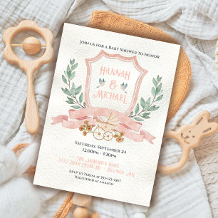 Vattenfärgsfilter Vapensköld Baby Rosa Shower Inbjudningar