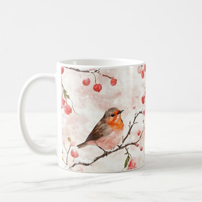 Vattenfärgsfink i Snowy Winter Träd & Berries Kaffemugg (Vänster)
