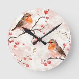 Vattenfärgsfink i Snowy Winter Träd & Berries Rund Klocka