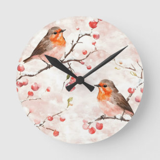 Vattenfärgsfink i Snowy Winter Träd & Berries Rund Klocka