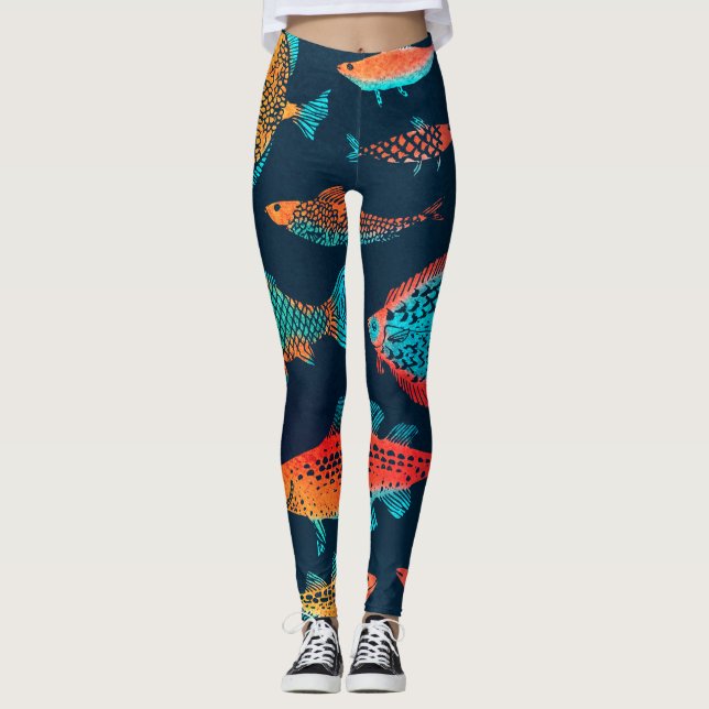 Vattenfärgsfiske: Djupt blått, sömlöst Leggings (Framsida)
