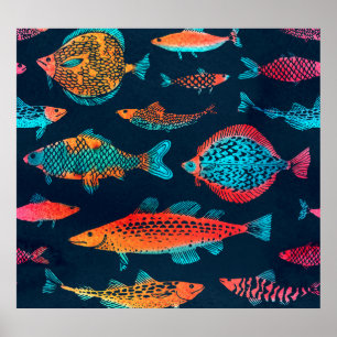 Vattenfärgsfiske: Djupt blått, sömlöst Poster