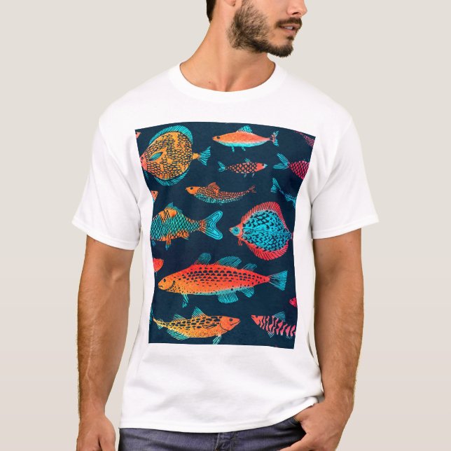 Vattenfärgsfiske: Djupt blått, sömlöst T Shirt (Framsida)