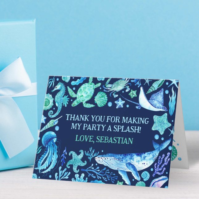 Vattenfärgsfiske Vale Navy under Sea Party Tack Kort (Watercolor Whale Navy Under the Sea Party Thank You Card)