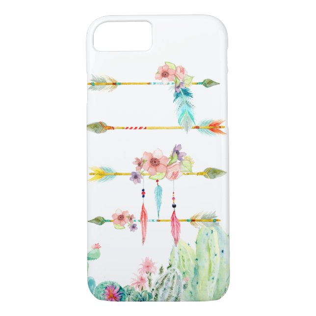 Vattenfärgsfjädrar Boho Tribal Arrows Cactus Art Case-Mate iPhone Skal (Baksida)