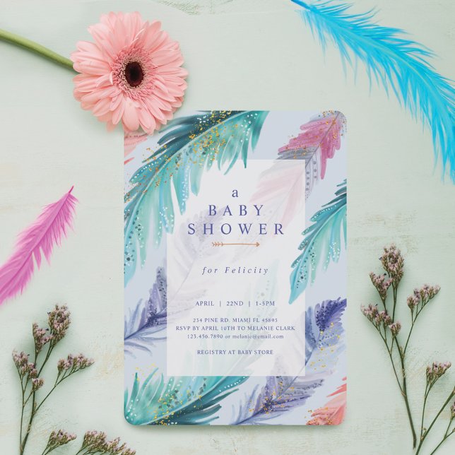 Vattenfärgsfjädrar Chicen Bohemian Boy Shower Inbjudningar (Watercolor Feathers Chic Bohemian Boy Baby Shower Invitation)
