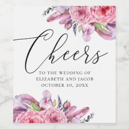 Vattenfärgsfjädrar från blommigten rosa boho, bröl vinflaska etikett