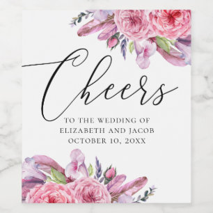 Vattenfärgsfjädrar från blommigten rosa boho, bröl vinflaska etikett