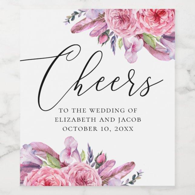 Vattenfärgsfjädrar från blommigten rosa boho, bröl vinflaska etikett (Singel etikett)