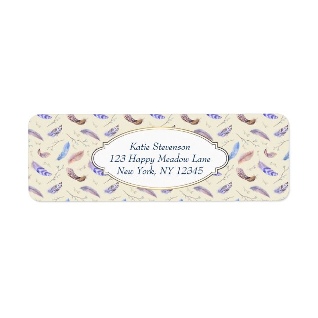 Vattenfärgsfjädrar Löv och Grenar Mönster Returadress Etikett (Framsidan)