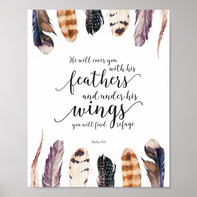 Vattenfärgsfjädrar Refuge Bible Verse Typography Poster (Framsidan)