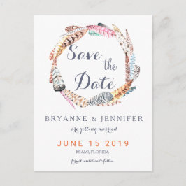 Vattenfärgsfjädrar Rustic Bohemian Spara datumet Meddelande Vykort