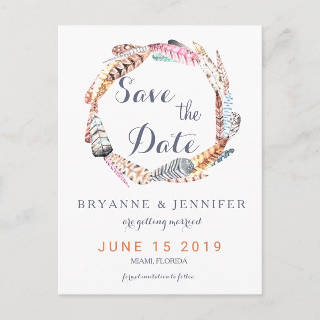 Vattenfärgsfjädrar Rustic Bohemian Spara datumet Meddelande Vykort (Framsida)