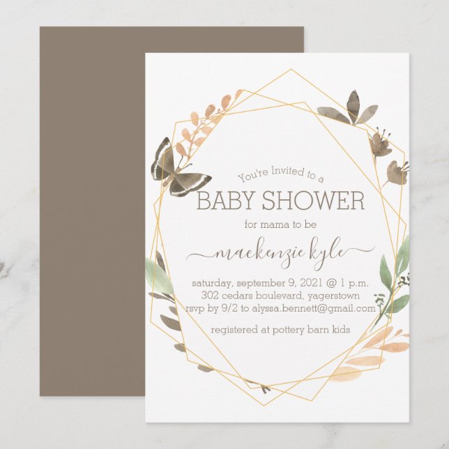 Vattenfärgsfjäril Boho Blommigt Baby Shower Inbjudningar (Fram/baksida)